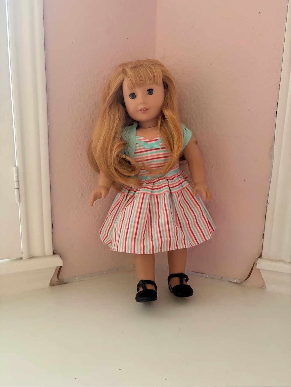 American Girl doll, Pink & Teal Striped Dress,cardigan and original clothing